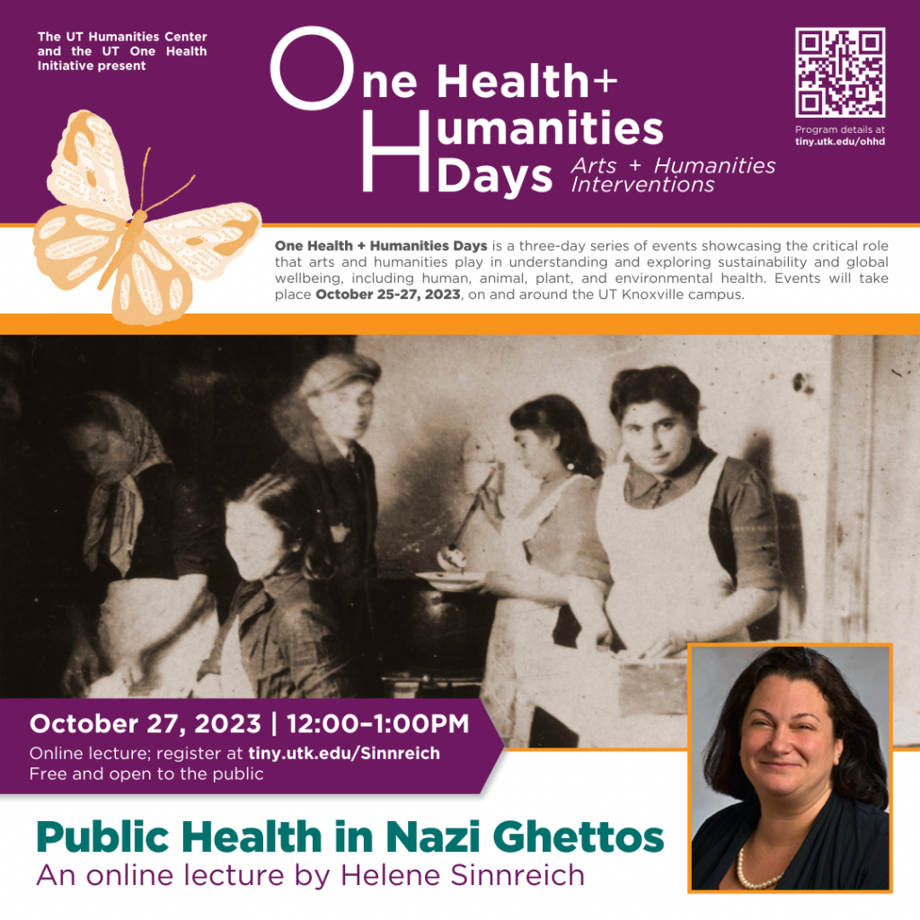 A social media advertisement shows the One Health + Humanities Days banner in purple and white above a black-and-white image of Jewish men and women in dishing soup in a kitchen in the 1940s. In the lower right corner is a photo of a smiling white woman with shoulder-length dark brown hair, wearing a pearl necklace and dark top.