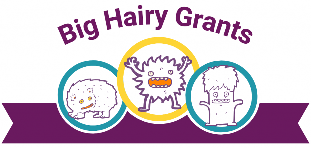 The words "Big Hairy Grants" in purple text curve over a purple ribbon with three circles overlaying it. In the center of each circle is a cartoon monster with a grimacing expression on its face.