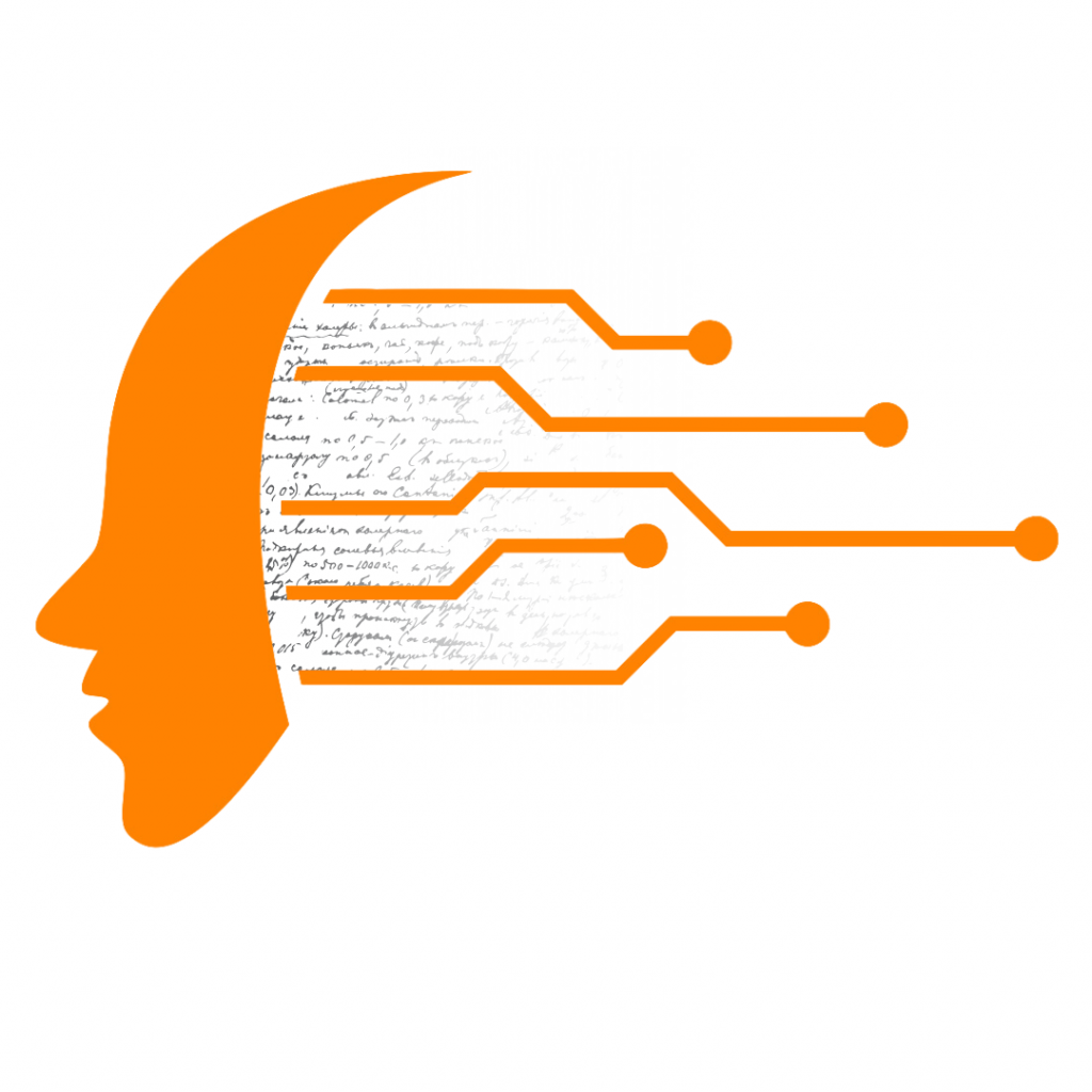 A graphic in orange depicting a head in profile but instead of hair it has digital pathways streaming out behind it. Behind them is faint handwritten text.