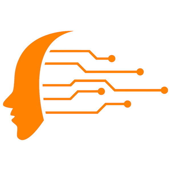 A graphic of an orange head in profile with digital pathways streaming out from its head in place of hair