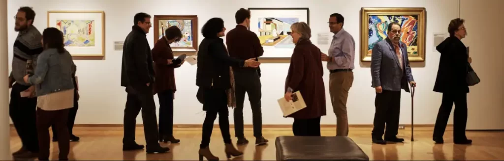 An image of people in a gallery at an event, talking.