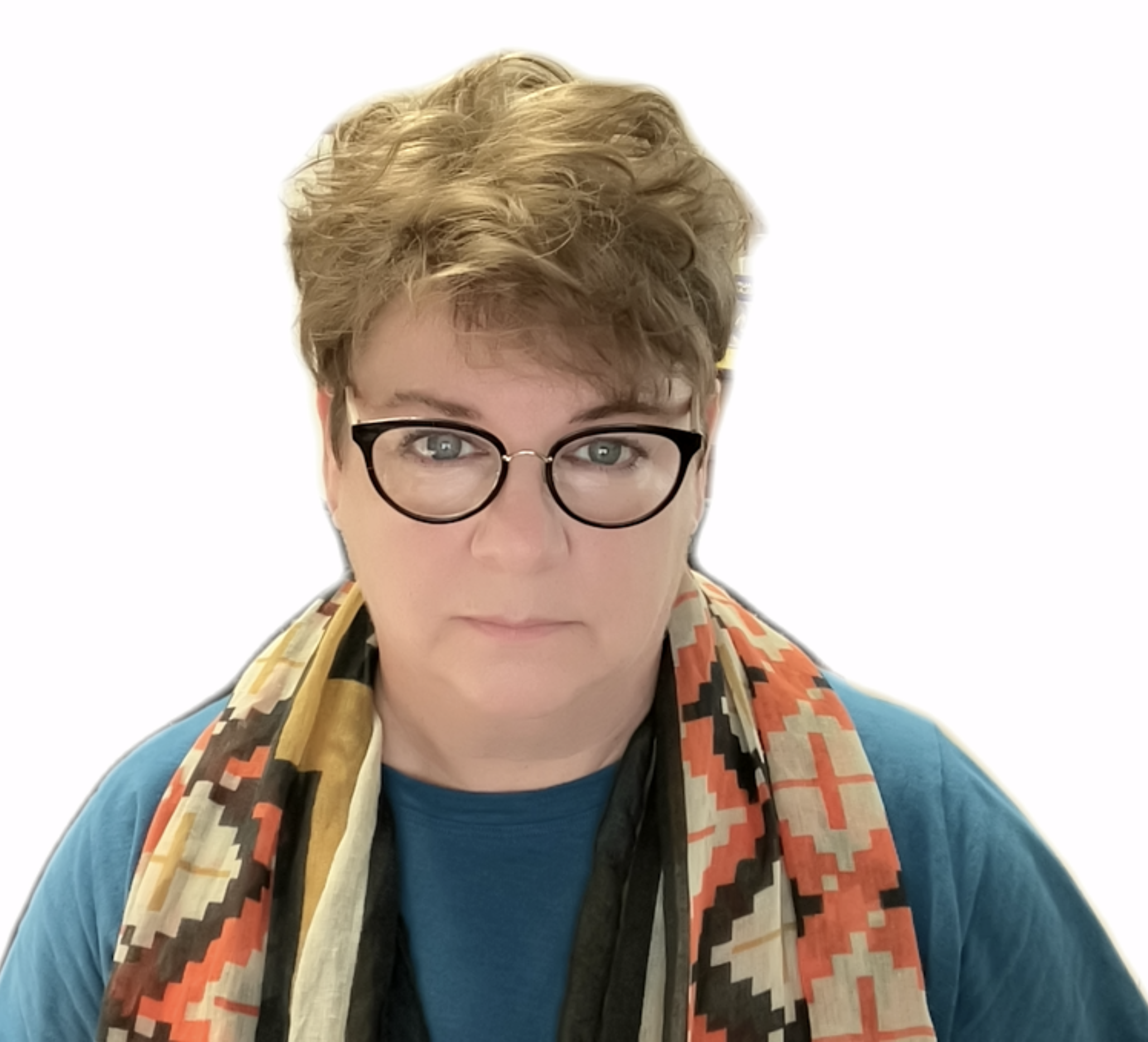 A headshot photo of a middle-aged white woman with short brown hair and dark-rimmed glasses. She is wearing a teal shirt with a pattered orange, brown, and cream scarf over it.