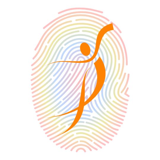 An abstract orange image of a dancer overlays a rainbow-colored fingerprint