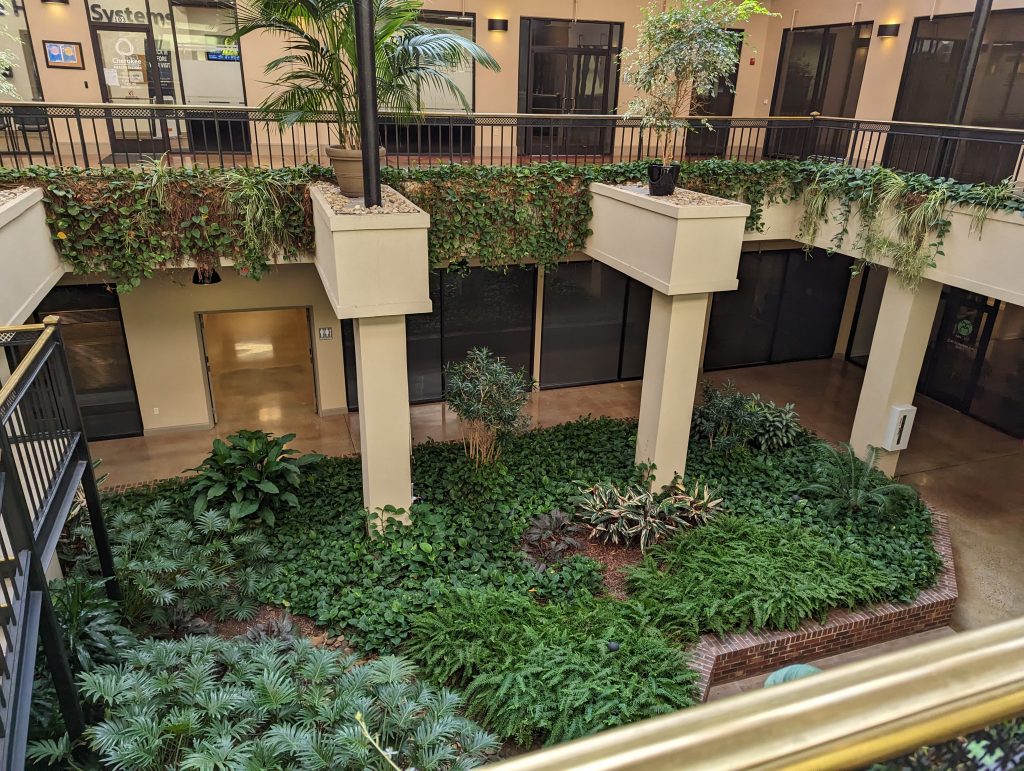 A photo from above of an atrium filled with green plants. Cream-painted columns rise at intervals to an upper level encircling the atrium.