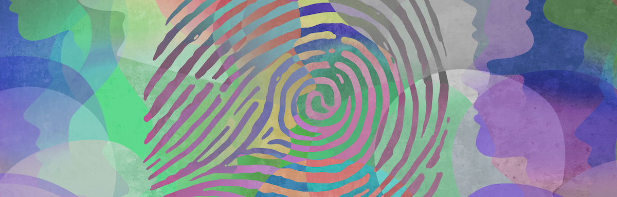 Blue, green, and purple overlapping heads in profile form a background to a colorful fingerprint.