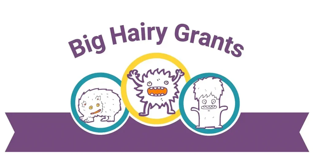 The words "Big Hairy Grants" in purple text curve over a purple ribbon with three circles overlaying it. In the center of each circle is a cartoon monster with a grimacing expression on its face.